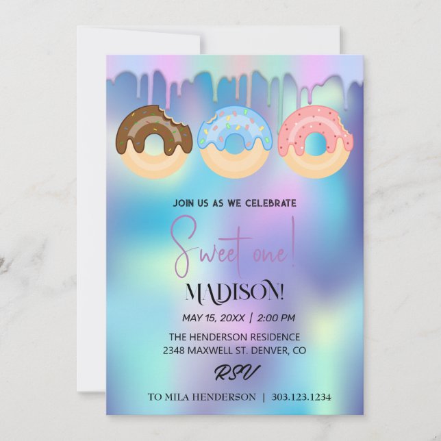 Invitation Doux beignets, couleurs arc-en-ciel, premier anniv (Devant)