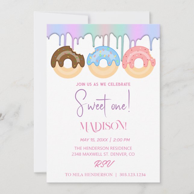 Invitation Doux beignets, couleurs arc-en-ciel, premier anniv (Devant)