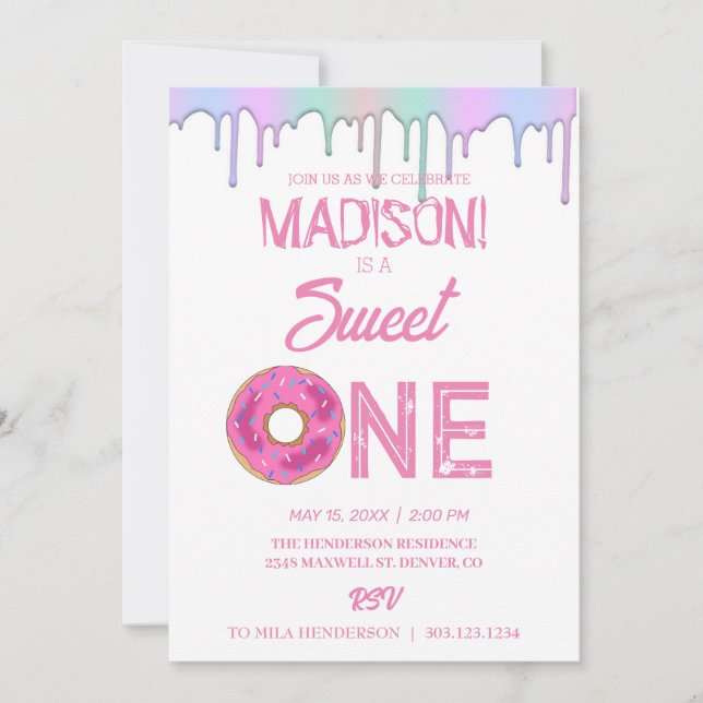 Invitation Doux beignets, couleurs arc-en-ciel, premier anniv (Devant)