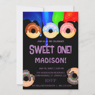 Invitation Doux beignets, couleurs arc-en-ciel, premier anniv