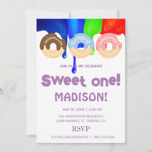 Invitation Doux beignets, couleurs arc-en-ciel, premier anniv