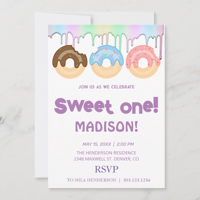 Invitation Doux beignets, couleurs arc-en-ciel, premier anniv (Devant)
