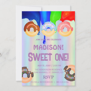 Invitation Doux beignets, couleurs arc-en-ciel, premier anniv