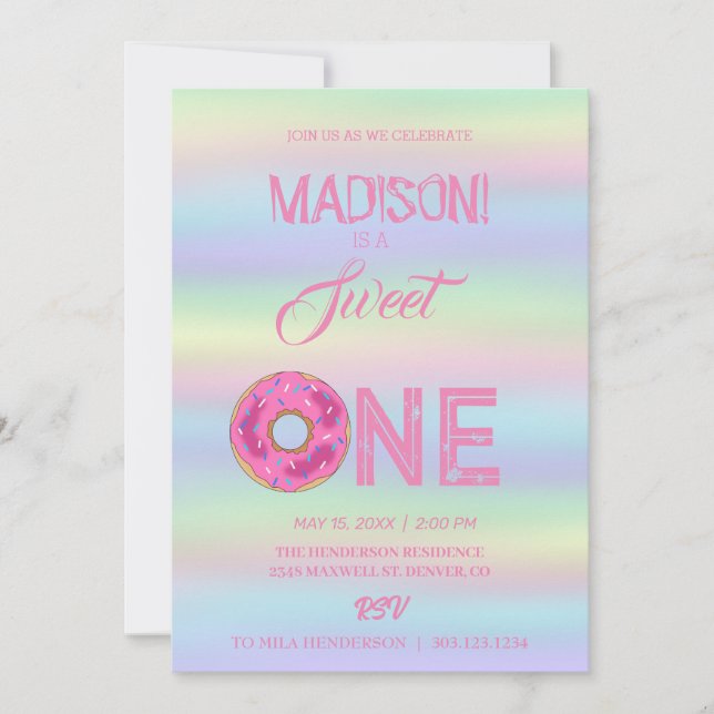 Invitation Doux beignets, couleurs arc-en-ciel, premier anniv (Devant)