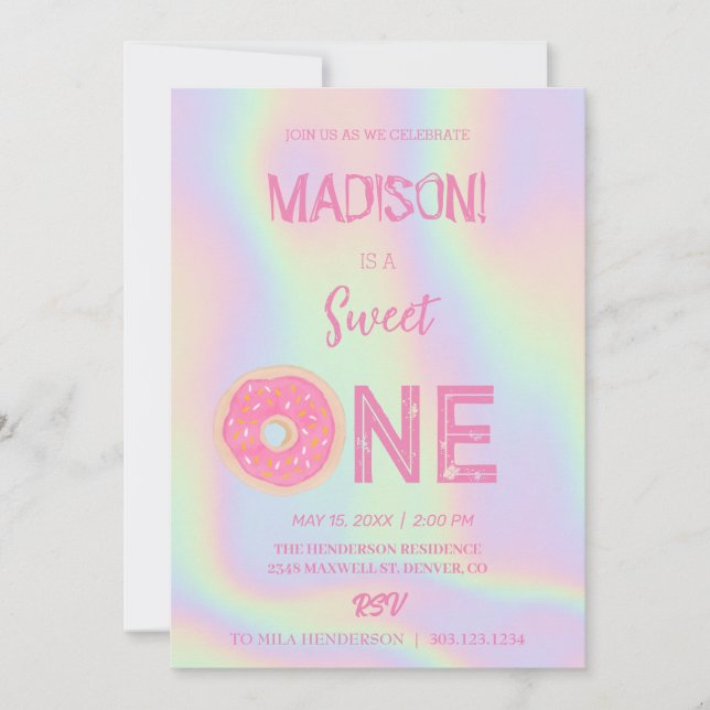 Invitation Doux beignets, couleurs arc-en-ciel, premier anniv (Devant)