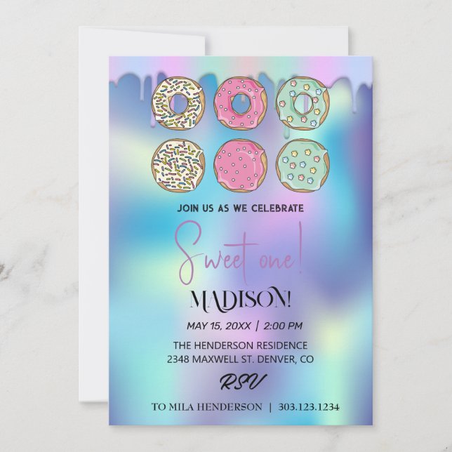 Invitation Doux beignets, couleurs arc-en-ciel, premier anniv (Devant)
