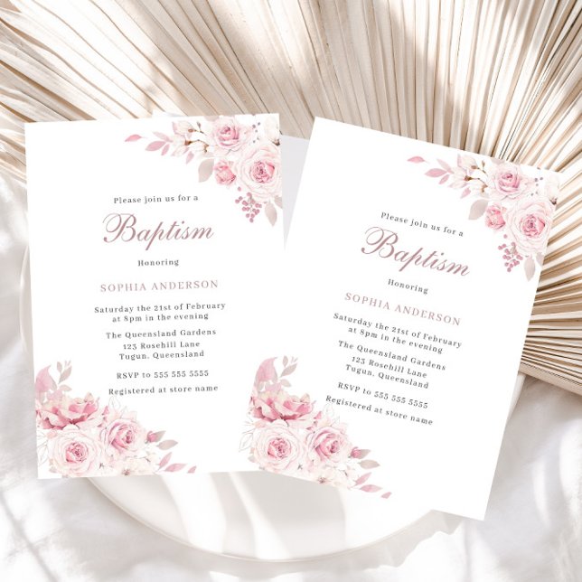 Invitation Doux Blush Fleurs Élégantes Baby Girl Baptism (Créateur téléchargé)