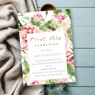 Invitation Doux Blush Floral Peony Première Communion Sainte