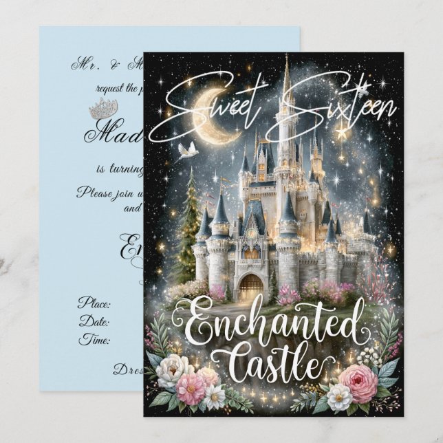 Invitation Doux Château Enchanté de Seize Étoiles Brillantes  (Devant / Derrière)