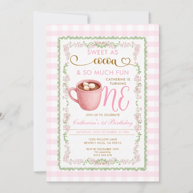 Invitation Doux comme Cocoa Rose Gingham Premier Anniversaire (Devant)