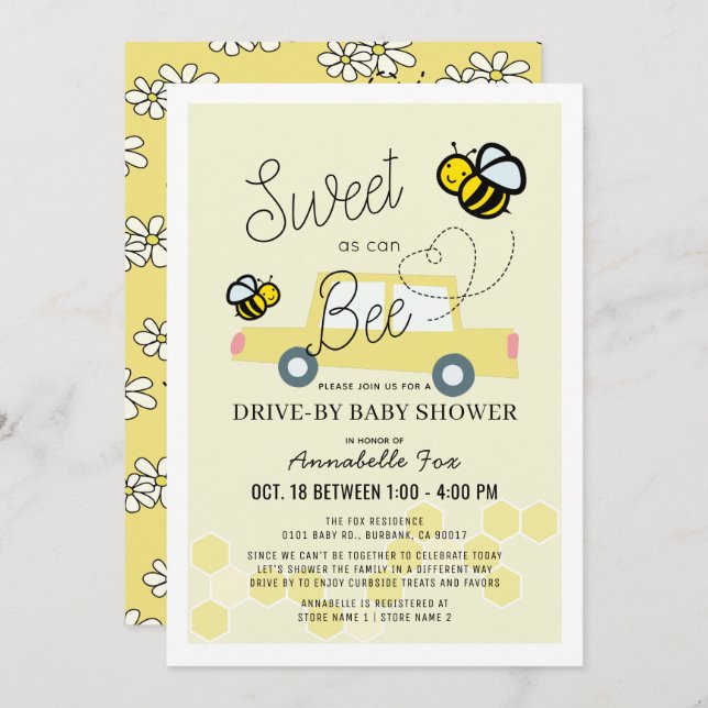 Invitation Doux comme peut Abee Baby shower jaune clair (Devant / Derrière)