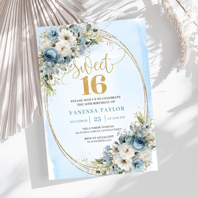 Invitation Doux Dusty Blue Floral 16e Anniversaire  (Graceful Dusty Blue Floral Sweet 16th Birthday Invite)