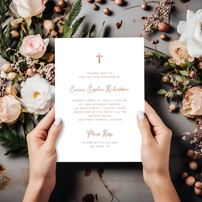 Invitation Doux et simple | Confirmation Rose Gold (An elegant, faux rose gold Confirmation invitation for her)