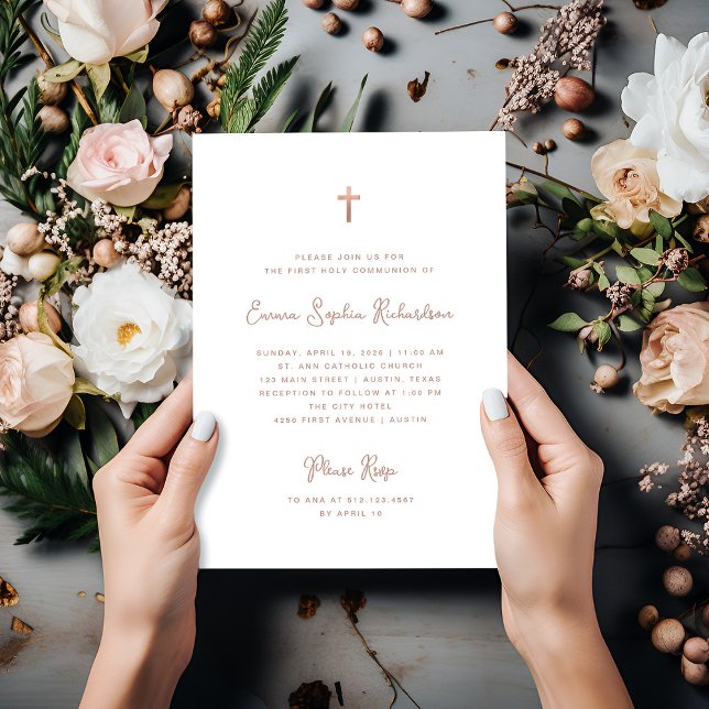 Invitation Doux et simple | Rose Gold Première Communion sain (An elegant, faux rose gold First Holy Communion invitation)
