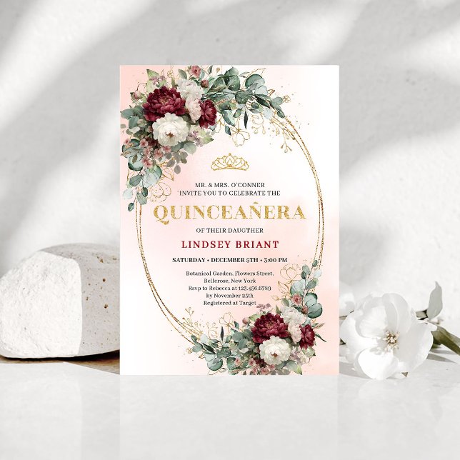 Invitation Doux Fleurs de Marsala Bohème Dorée 15e Anniversai (Soft Bohemian Marsala Flowers Gold 15th Birthday Invite)
