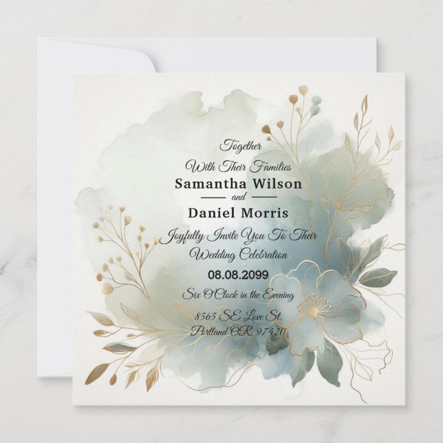 Invitation Doux Golden Dusty Blue Romance Mariage (Devant)