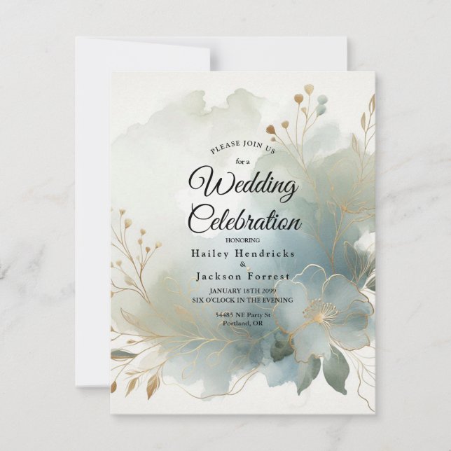 Invitation Doux Golden Dusty Blue Romance Mariage (Devant)