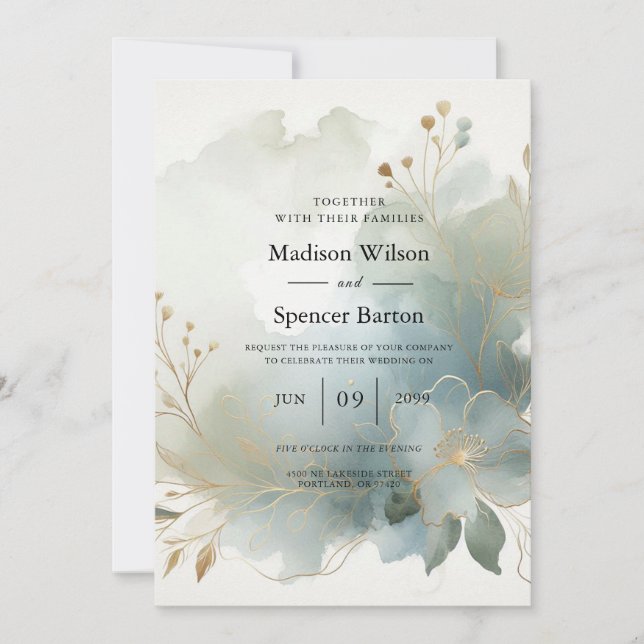 Invitation Doux Golden Dusty Blue Romance Mariage (Devant)