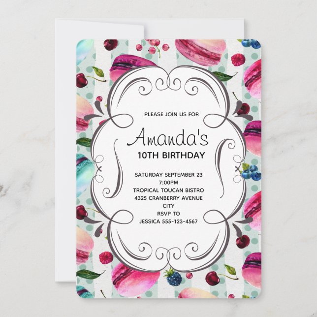 Invitation Doux Macarons Et Cadre Décoratif Anniversaire (Devant)