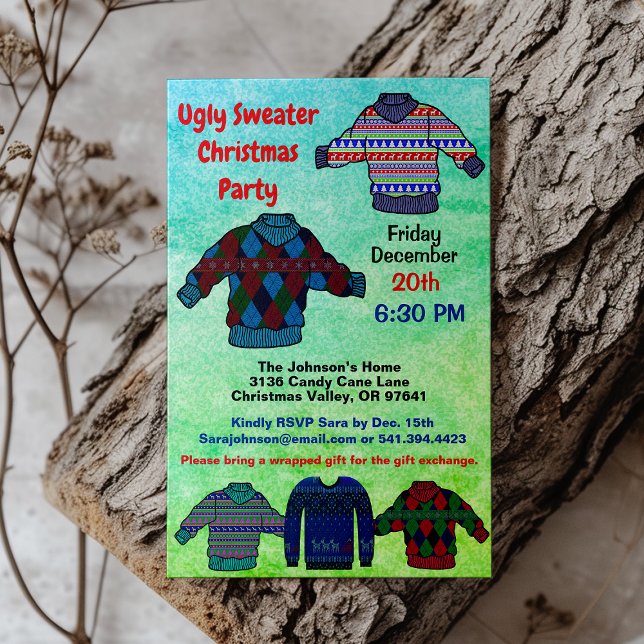 Invitation Doux moche fête de Noël Couleurs filtrées (Ugly Sweater Christmas Party Greanleaf Colors Invitation cover)
