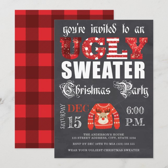 Invitation Doux moche Noël Fête Chalkboard Rouge (Devant / Derrière)