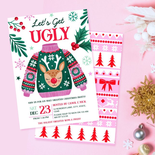 Invitation Doux moche Reindeer de Noël et Holly (Ugly Sweater Christmas Party Reindeer and Holly Invitation)