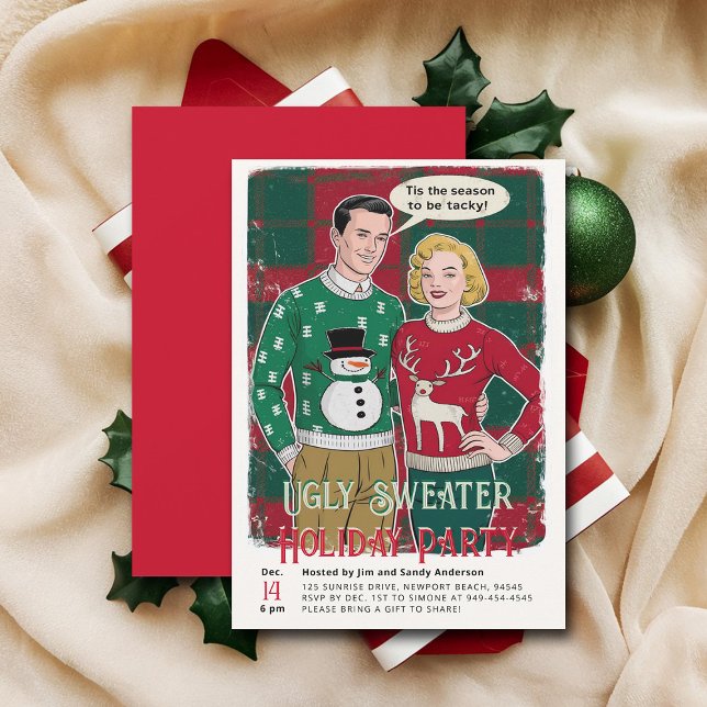 Invitation Doux moche Vintage drôle Retro Noël fête (vintage christmas party nvitation retro funny ugly sweater ad brunch couple family office)