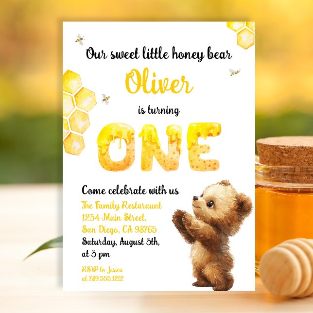 Invitation Doux Ours en Honey pour Premier Anniversaire Jaune (Créateur téléchargé)
