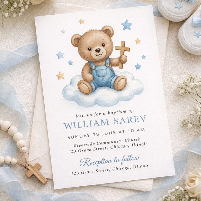 Invitation Doux ours en peluche baptême avec des étoiles bleu (Boy Baptism Invitation with Teddy Bear, Cross and Blue Stars)