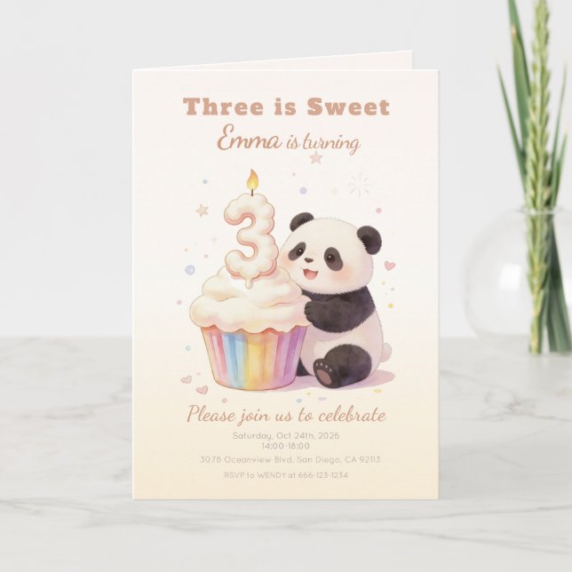 Invitation Doux Panda Pastel Bébé 3e Anniversaire (Devant)