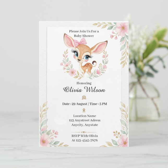 Invitation Doux Petit Faon avec un Nœud Rose (Debout devant)