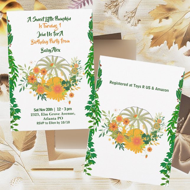 Invitation Doux Petite verdure Citrouille Automne Couleurs An (Sweet Little Pumpkin Greenery Fall Colors Birthday Invitation)