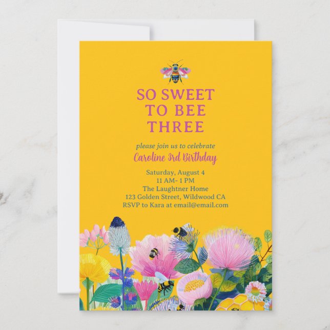 Invitation Doux pour l'abeille Trois Anniversaire fantaisiste (Devant)
