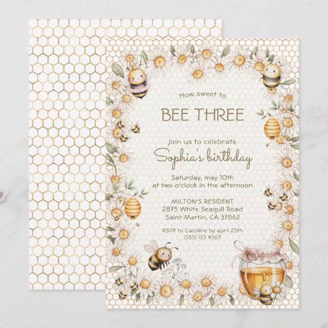 Invitation Doux pour les trois abeilles Daisy Fête d'annivers (Devant / Derrière)