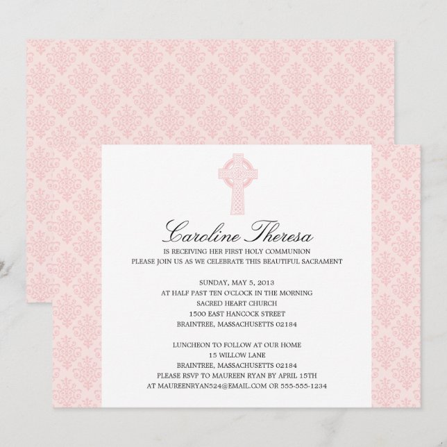 Invitation Doux rose Damask Croix celtique première communion (Devant / Derrière)