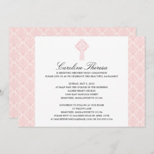 Invitation Doux rose Damask Croix celtique première communion