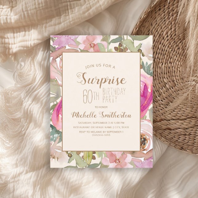 Invitation Doux rose violet Floral Surprise 60e anniversaire (Pink watercolor floral and sage green leaves surprise 60th birthday party invitation)