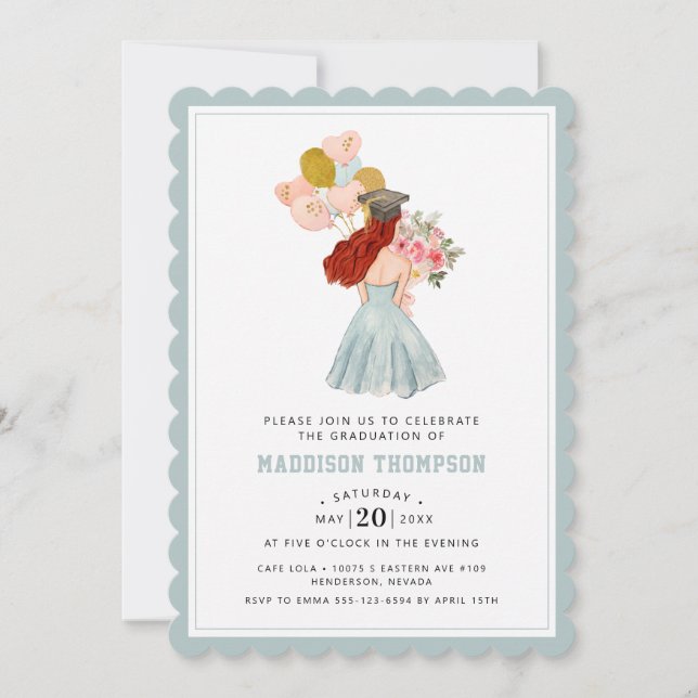 Invitation Doux Rouge Tête Fille Aquarelle Graduation (Devant)