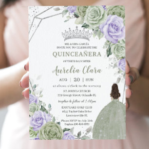 Invitation Doux Sage Vert Violet Floral Argent Quinceañera