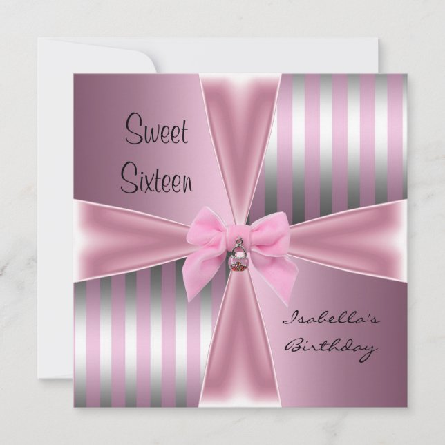 Invitation Doux Seize16e Anniversaire Satin Rose Rayure Nœud (Devant)