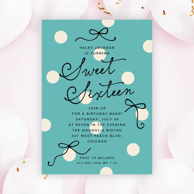 Invitation Doux Seize Bleu Turquoise Moderne Rubans Élégants (Créateur téléchargé)