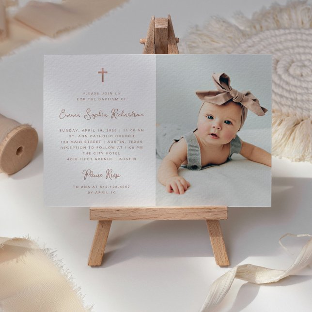 Invitation Doux simple | Faux Rose Gold avec Baptême photo (A sweet and whimsical Baptism invitation with photo and faux rose gold cross)