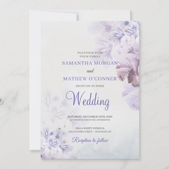 Invitation Doux violet bleu poussiéreux mariage rose pâle (Devant)