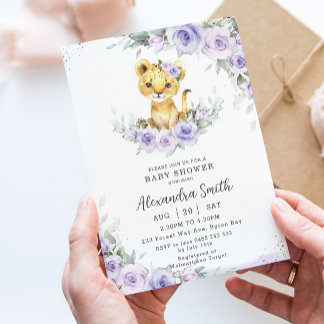 Invitation Doux violet Floral Adorable Baby shower Lion Cub
