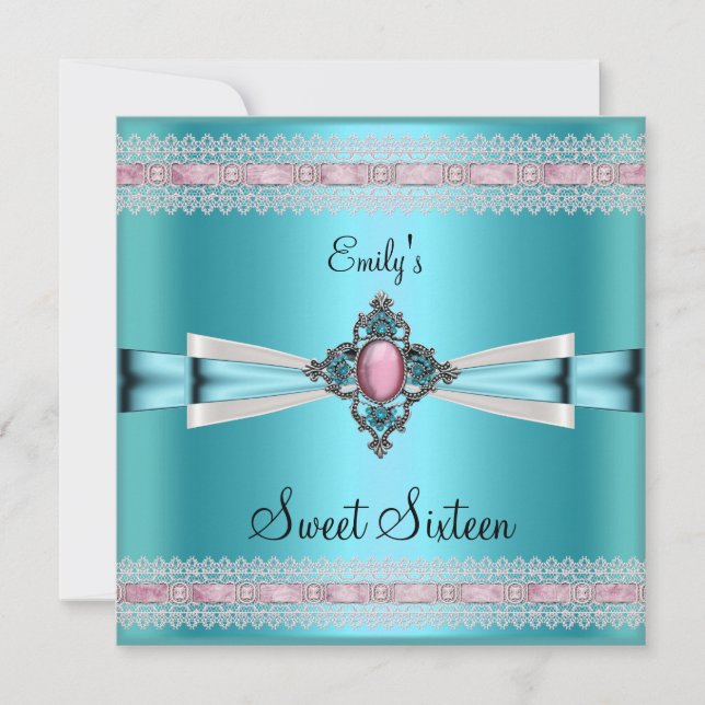 Invitation Douze Ans 16 Blanc Bleu Cyan Rose (Devant)