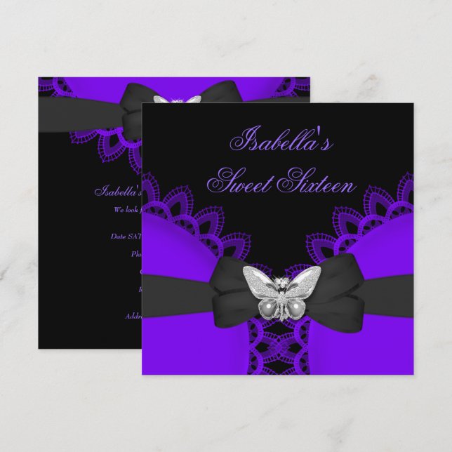 Invitation Douze Ans 16 Papillon Violet Dentelle Blanche (Devant / Derrière)