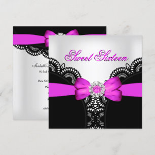Invitation Douze Ans 16 Rose Noir Blanc Dentelle