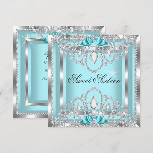 Invitation Douze ans, ça se fête ! Seize ans Turquoise Argent (Devant / Derrière)