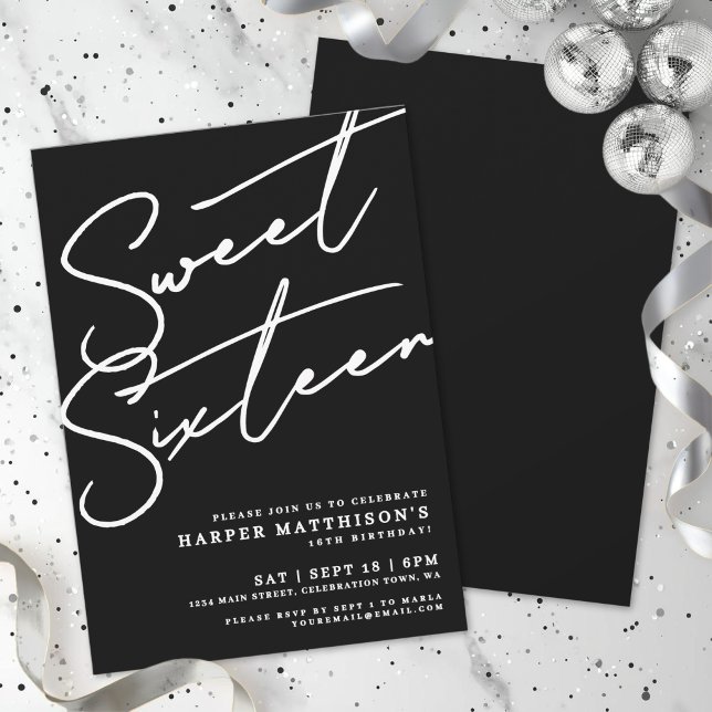 Invitation Douze ans, c'est super seize ans, Anniversaire des (Sweet Sixteen Black 16th Birthday Invitation)