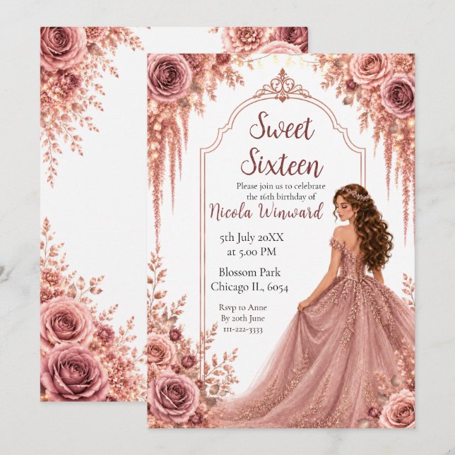Invitation Douze ans dans un rose poudré et or floral  (Devant / Derrière)